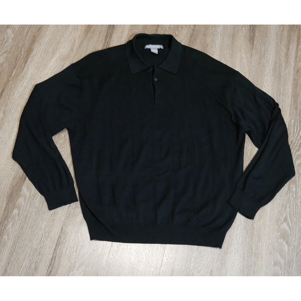 Marconi Mens Silk Cotton Blend Long Sleeve Polo Sweater Black Ribbed Knit Large